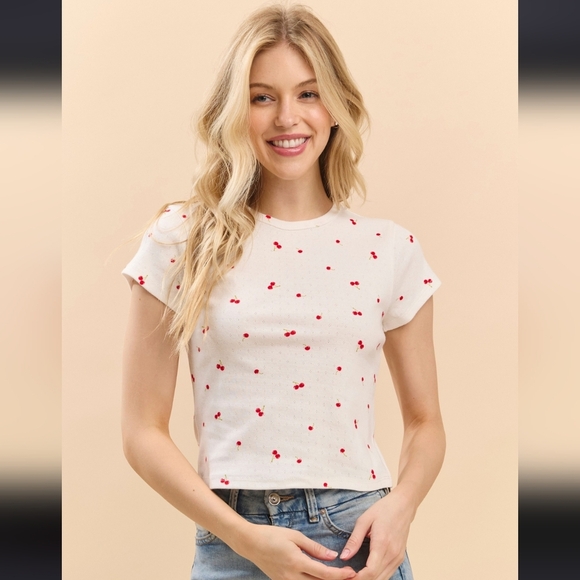 🍒🤍 Cherry Pointelle Cotton Baby Tee - Picture 1 of 3